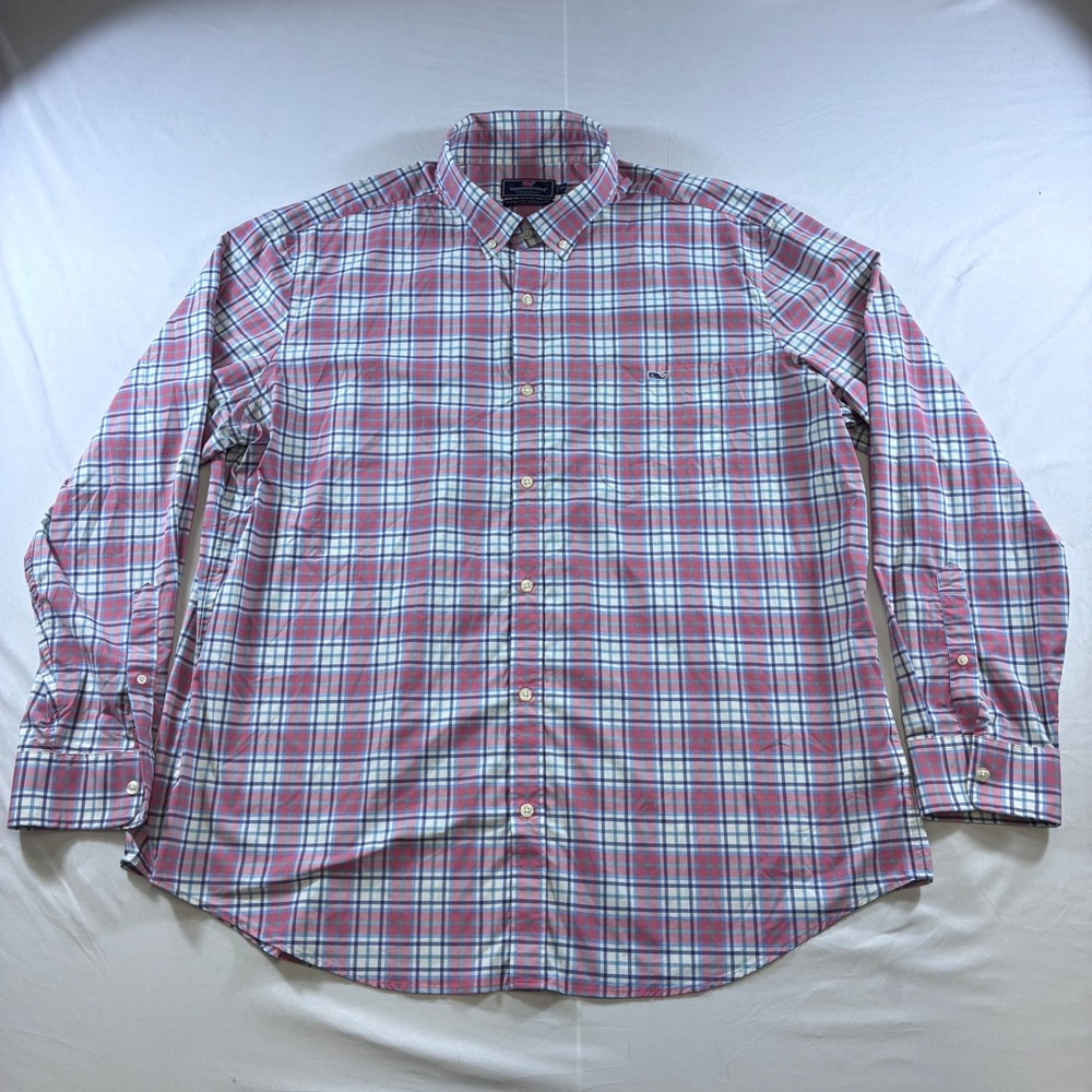 Vineyard Vines Performance Classic Fit Tucker Shirt Mens 2XL Pink Blue Plaid